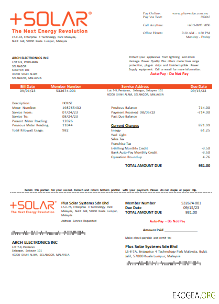Facture commerciale de service public de Plus Solar Systems Sdn Bhd, SCR